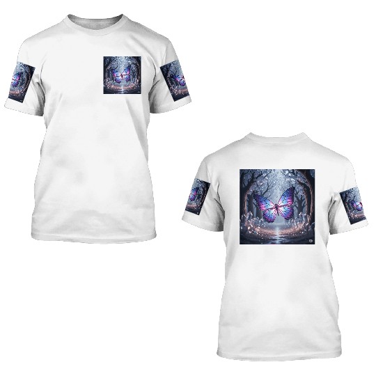 Galaxy Winged Butterfly in Mystical Forest 3D T Shirts