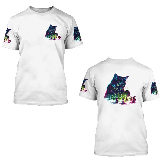 Neon Black Cat Chess Art 3D T Shirts