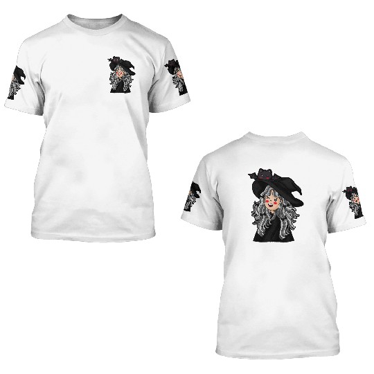Whimsical Witch with Bat Familiar 3D T Shirts