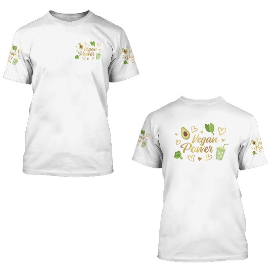 Vegan Power Heart and Avocado Design 3D T Shirts