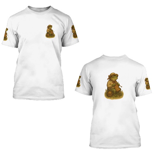 Whimsical Frog Knitting Illustration 3D T Shirts