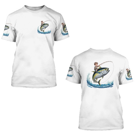 Joyful young boy rides massive jumping tuna 3D T Shirts