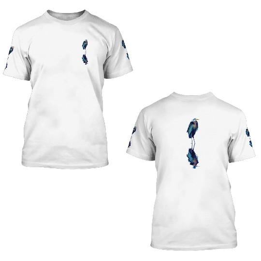 Great Blue Heron Stands Reflected 3D T Shirts