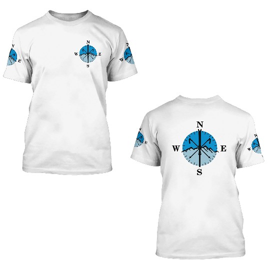 Skiing, skis, mountains and compass with degrees 3D T Shirts