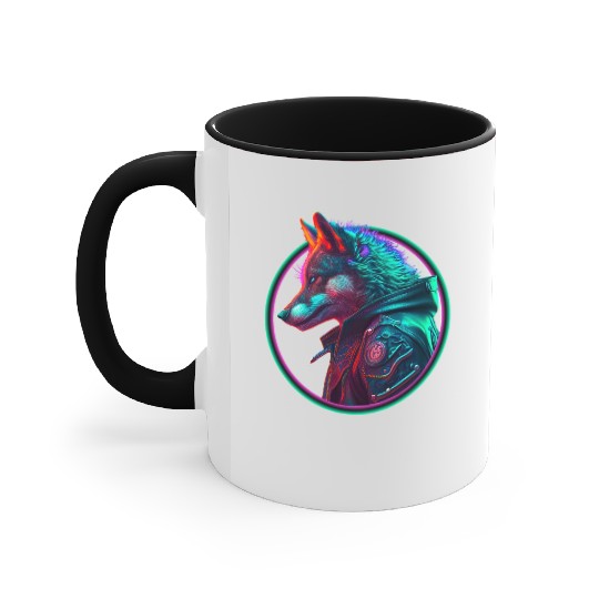Neon punk wolf in leather jacket Accent Mugs