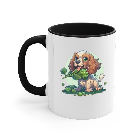 Cute dog eats green broccoli vegetables Accent Mugs