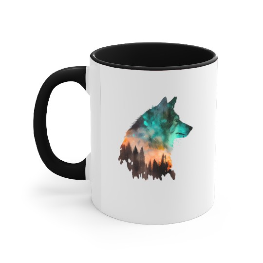 Forest Wolf Multicolor Watercolor Portrait Accent Mugs