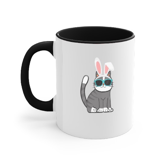 Happy Easter Cat With Bunny Ears And Glasses Cat Accent Mugs