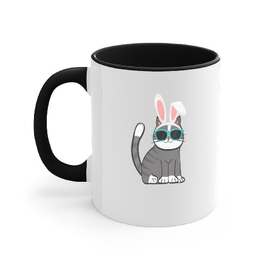 Happy Easter Cat With Bunny Ears And Glasses Accent Mugs
