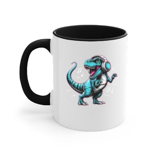 Dancing Tyrannosaurus Rex with Headphone Accent Mugs