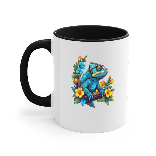 Chameleon Sitting on Branch Surrounded by Flowers Accent Mugs