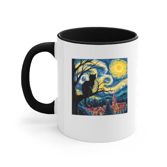 Starry Night Cat Art Premium Accent Mugs