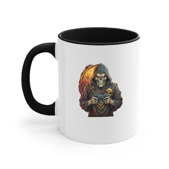 Skull holding a video game console. Accent Mugs