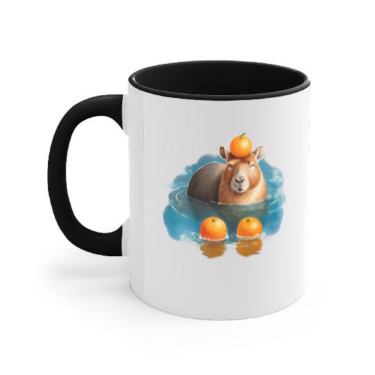 Blissful Capybara in the Water with Oranges Accent Mugs