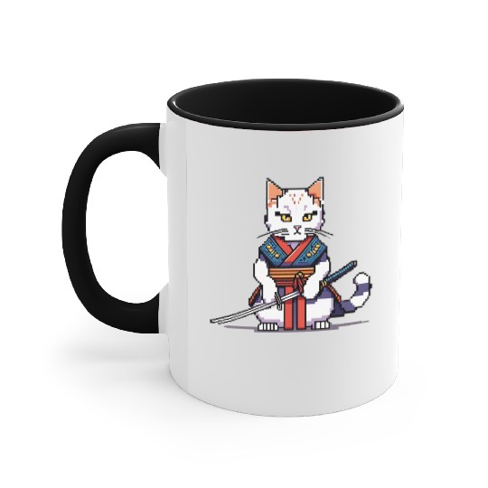 Pixel Samurai Cat Warrior Accent Mugs