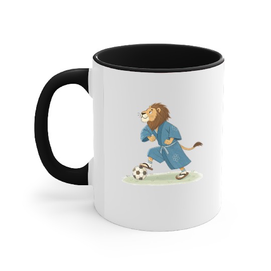 Lion playing soccer in karate kimono Accent Mugs