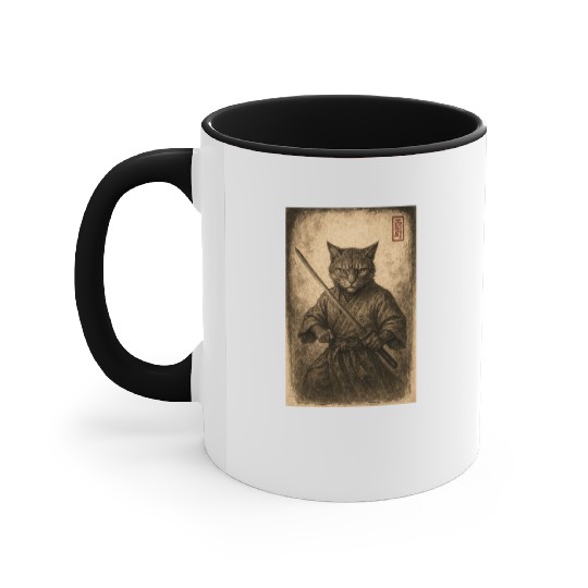 Samurai Cat in Vintage Style Accent Mugs