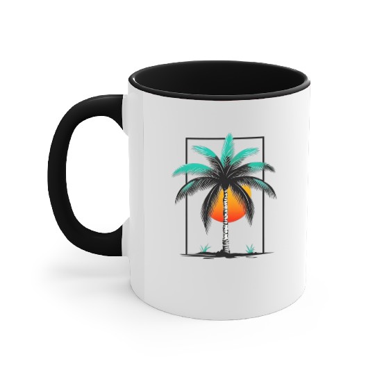 Grayscale Line Drawing Of A Central palm tree Accent Mugs