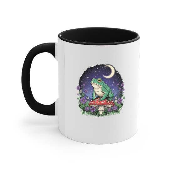 Green Frog on Red Mushroom - Starry Night Accent Mugs