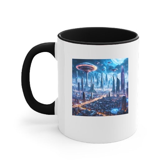 Cyberpunk World Cityscape with Alien Ufo Skies Accent Mugs