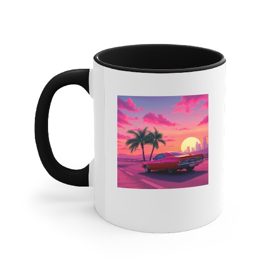 Neon Drift Sunset on the Synthwave Highway Accent Mugs