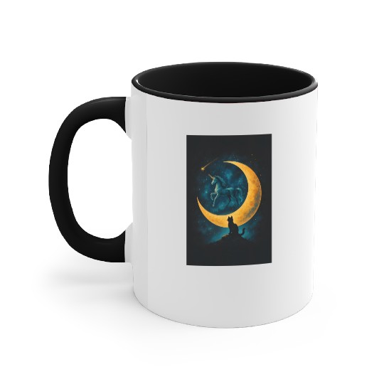 Magical Unicorn and Cat Night Scene Accent Mugs