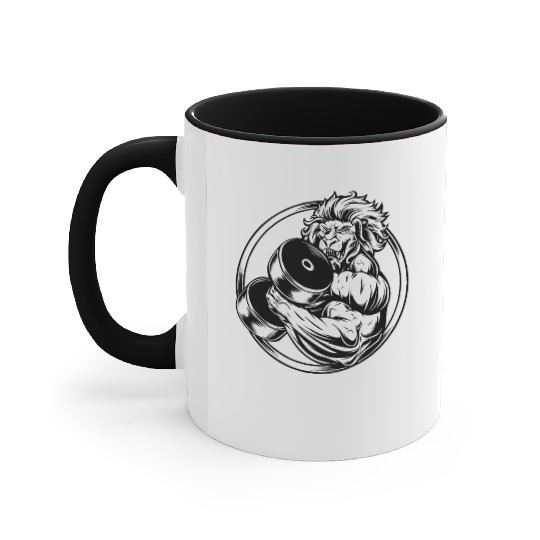 Bodybuilding Logo Design muscle lion with dumbbell Accent Mugs
