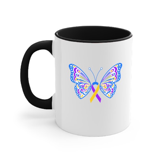 Bladder Cancer Purple Yellow Blue Ribbon Butterfly Accent Mugs
