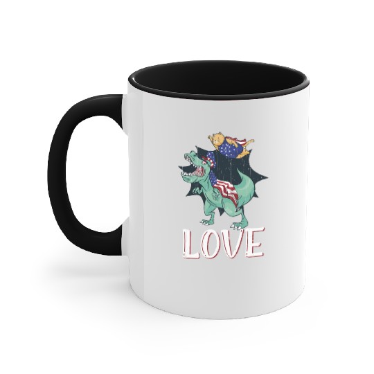 Love America Cat Dinosaur USA Flag 4th Of July Accent Mugs