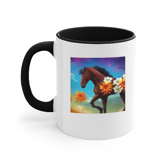 Brown horse with orange white flowers drawing Accent Mugs