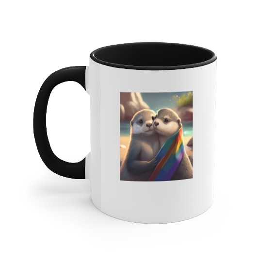 Hugging Otter Holding LGBT Flaglet Otter LGBT Accent Mugs