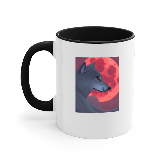 A Grey Wolf Staring at a Blood Moon Accent Mugs