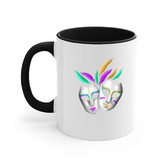 Pair Of White Masks With Feathers For Mardi Gras Accent Mugs