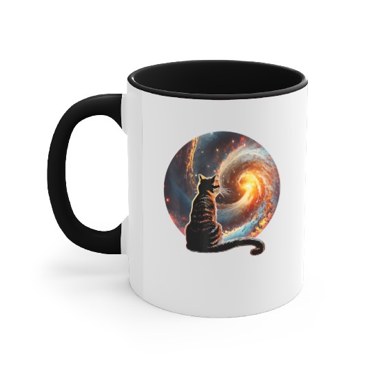 Cat Staring at a Galaxy Cat Dad Cat Lover Accent Mugs