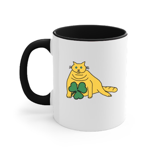 Saint Patricks Day Yellow Chonk Cat with Shamrock Accent Mugs