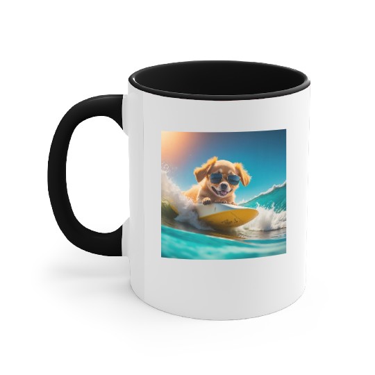 A cute hyper golden dog surfing in the sea Accent Mugs