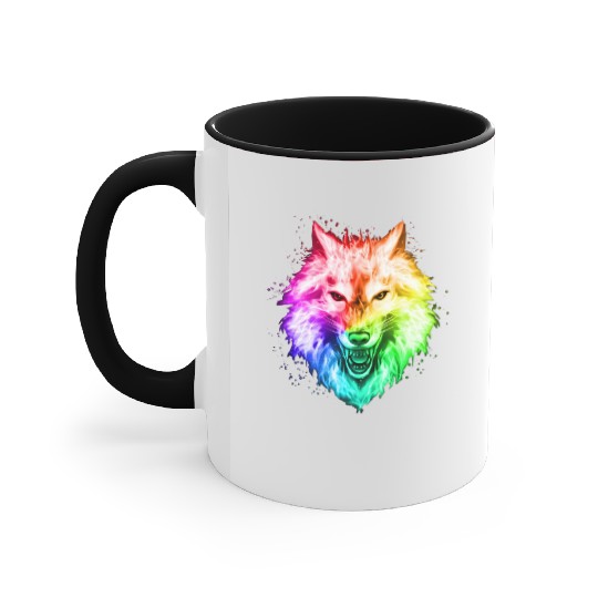 Bright Colorful Wolf Head – Rainbow Howling Wolf F Accent Mugs