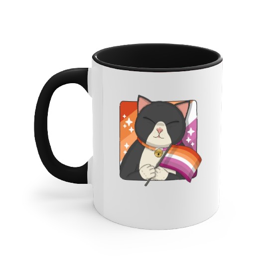 Cute Tuxedo Cat Holding Lesbian Pride Flag Accent Mugs