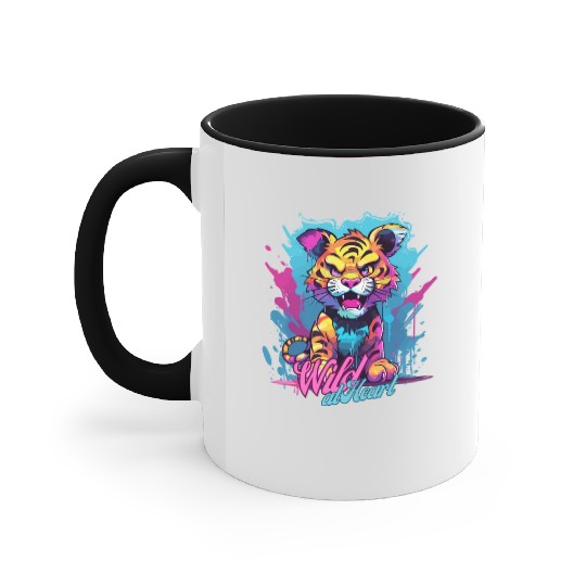 Vibrant Synthwave Sabertooth Tiger Graffiti Kids Accent Mugs