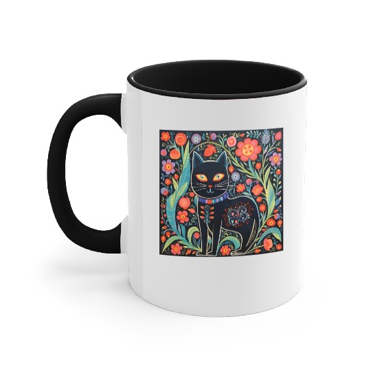 Folk Art Cat Floral Accent Mugs
