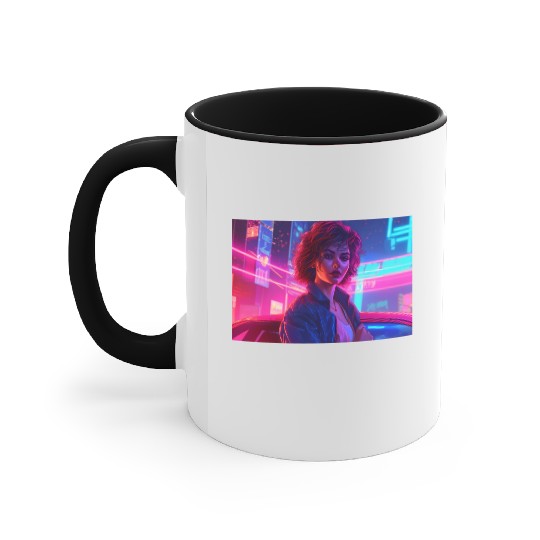 Synthwave Girl - Anime Portrait in Neon Colors Accent Mugs