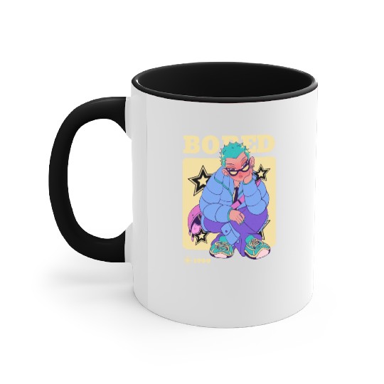 Black Cream Blue Y2K Anime Illustrated Bored Accent Mugs