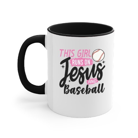 This Girl Runs On Jesus and baseball Accent Mugs