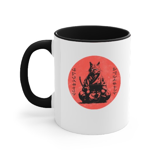 Wise Calm Vintage Retro Japanese Kitty Samurai Cat Accent Mugs