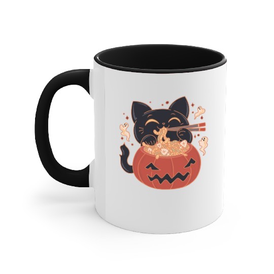 Kawaii Creepy black Cat Eating Ramen Noodles Accent Mugs