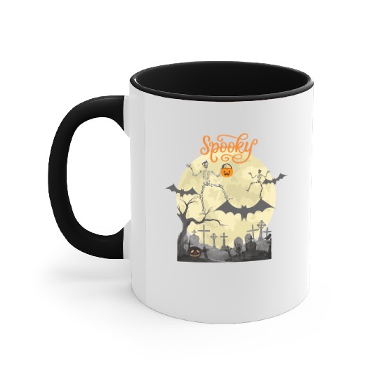 Spooky dancing skeletons bats moon and pumpkin Accent Mugs