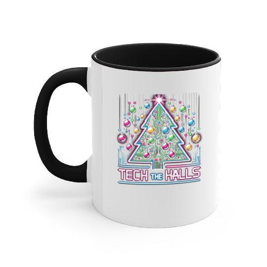 Tech the Halls - Christmas Tree in 8-bit Neon Accent Mugs