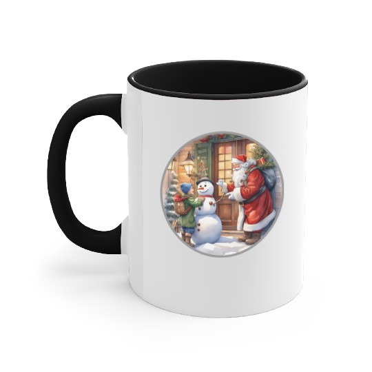 Santa Claus and a snowman distributes gifts. Accent Mugs