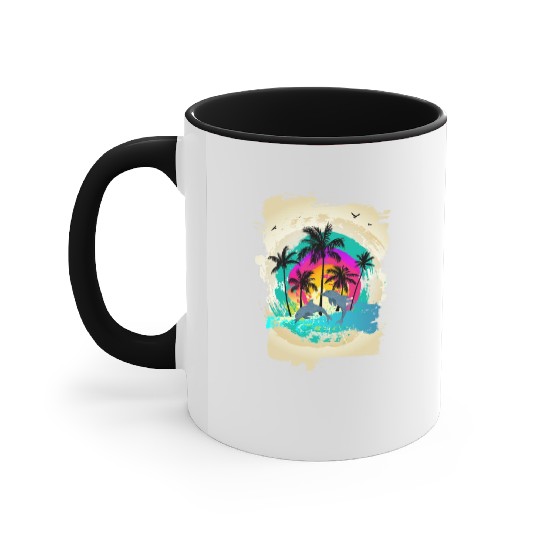 Dolphin Palm Tree Sunset Accent Mugs