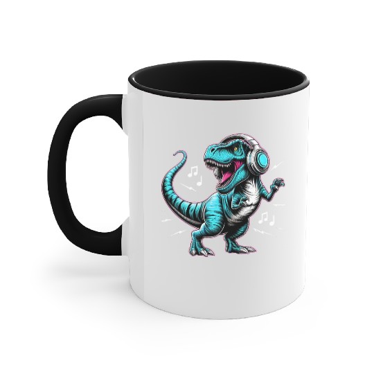 Dancing Tyrannosaurus Rex with Headphone Accent Mugs